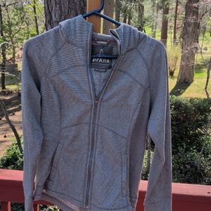 Prana Gray Logo Tag Hoodie with Blue Accent